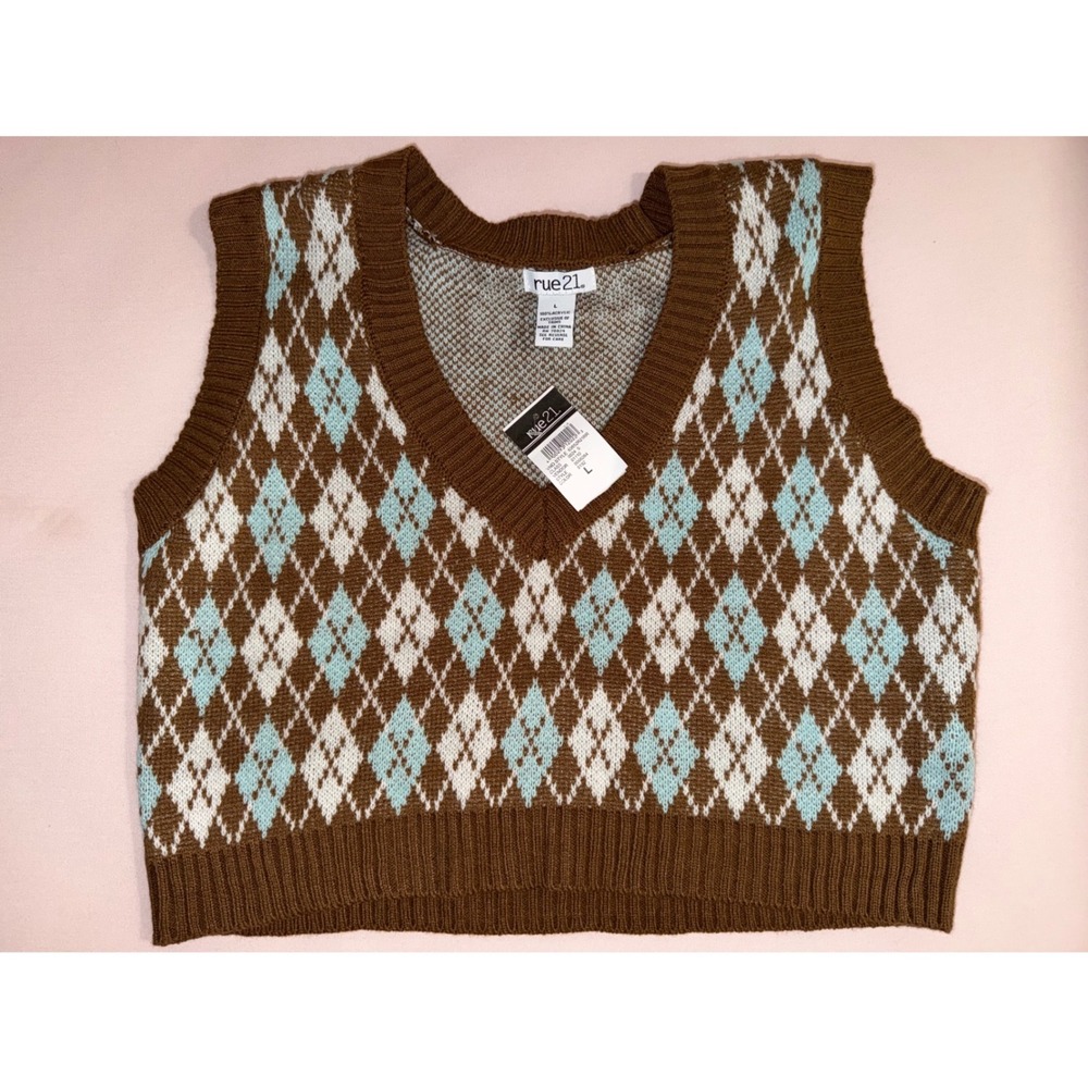 Rue21 Women Argyle V-Neck Sweater Vest Brown Blue White Knit Sleeveless Large